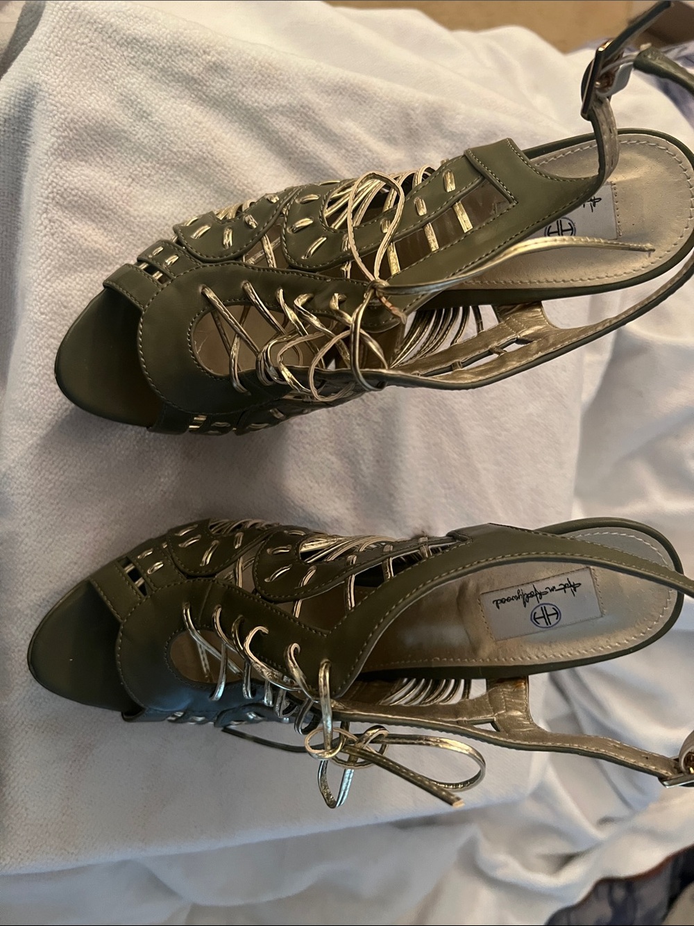 Hot in Hollywood Olive Green Open-Toe Lace-Up Heels with Metallic Silver Lace Up